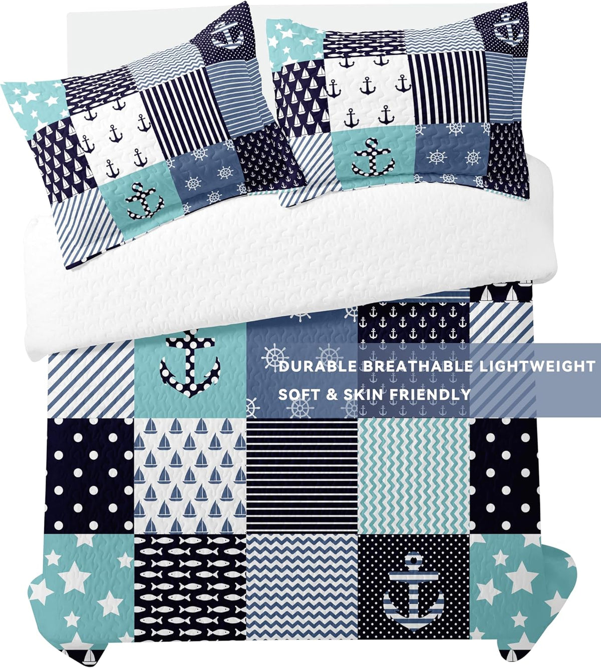 Nautical Bedding Queen Size Coastal Quilt with 2 Shams, Coastal Beach Comforter Sets Ocean Bedspreads Coverlet Summer Bedding, 90''x96''