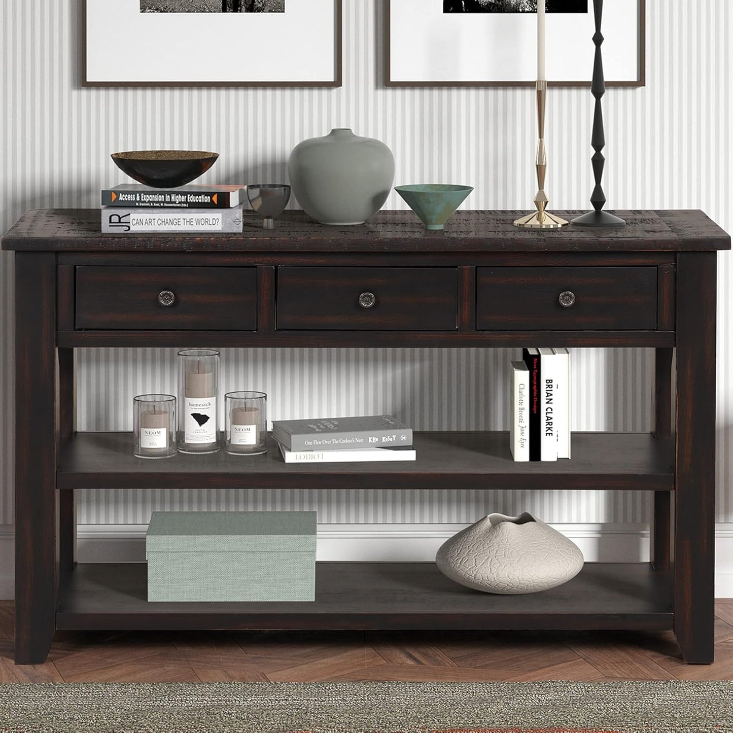 Farmhouse Wood Entryway Console Table 48-Inch Modern Sofa Entry Table with Drawers and Storage Shelves for Entrance Living Room (Black)