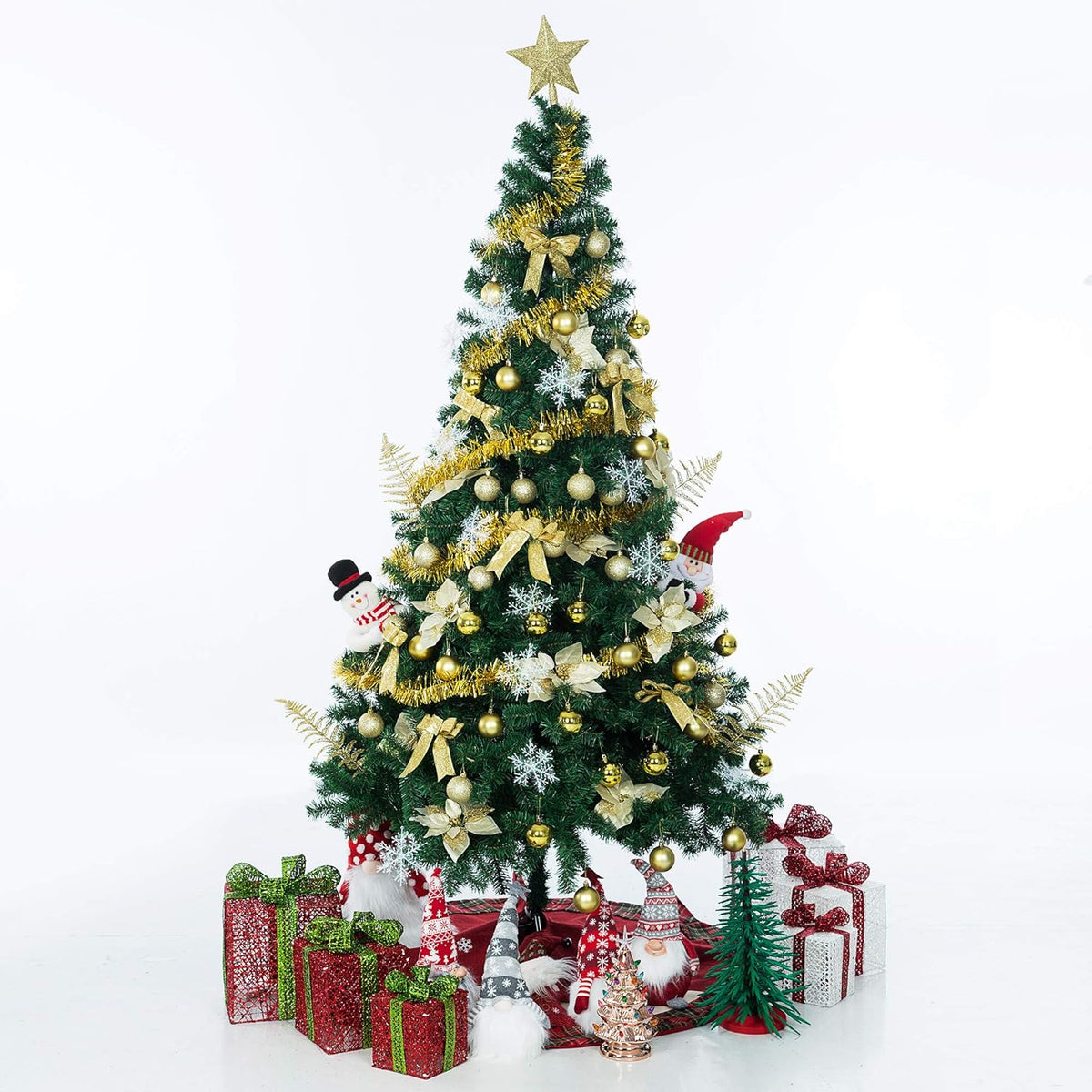 Sunnyglade 94 PCS Christmas Tree Ornaments Set with Glitter Poinsettia, Bows, Ribbons, Leaves & Assorted Decoration Ball for Xmas Tree Holiday Wedding Party Decorations (Golden)