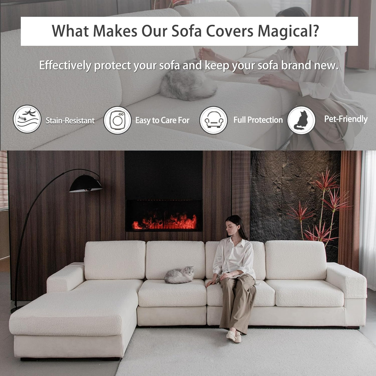 Couch Cushion Covers for Sectional Sofa, Stretch Soft Sofa Slipcovers Washable Wear-Resistant Universal Furniture Protector for Living Room(1 Piece Chaise Cover, Ivory)