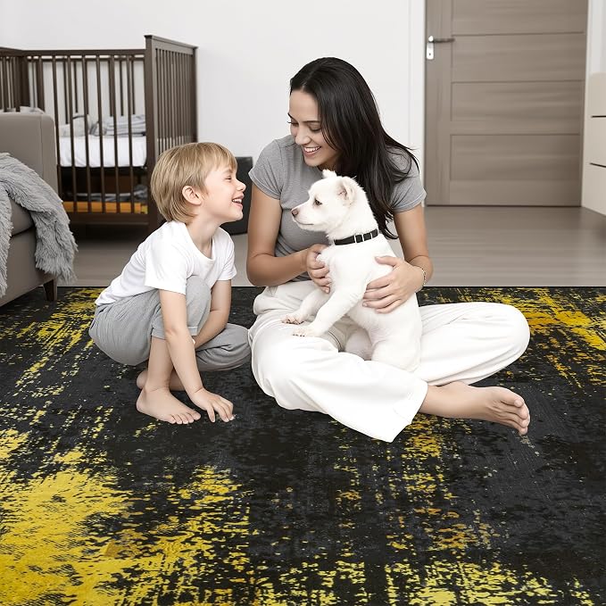 Area Rug Living Room: 4x4 Modern Washable Soft Carpet Black Gold | - Image 2