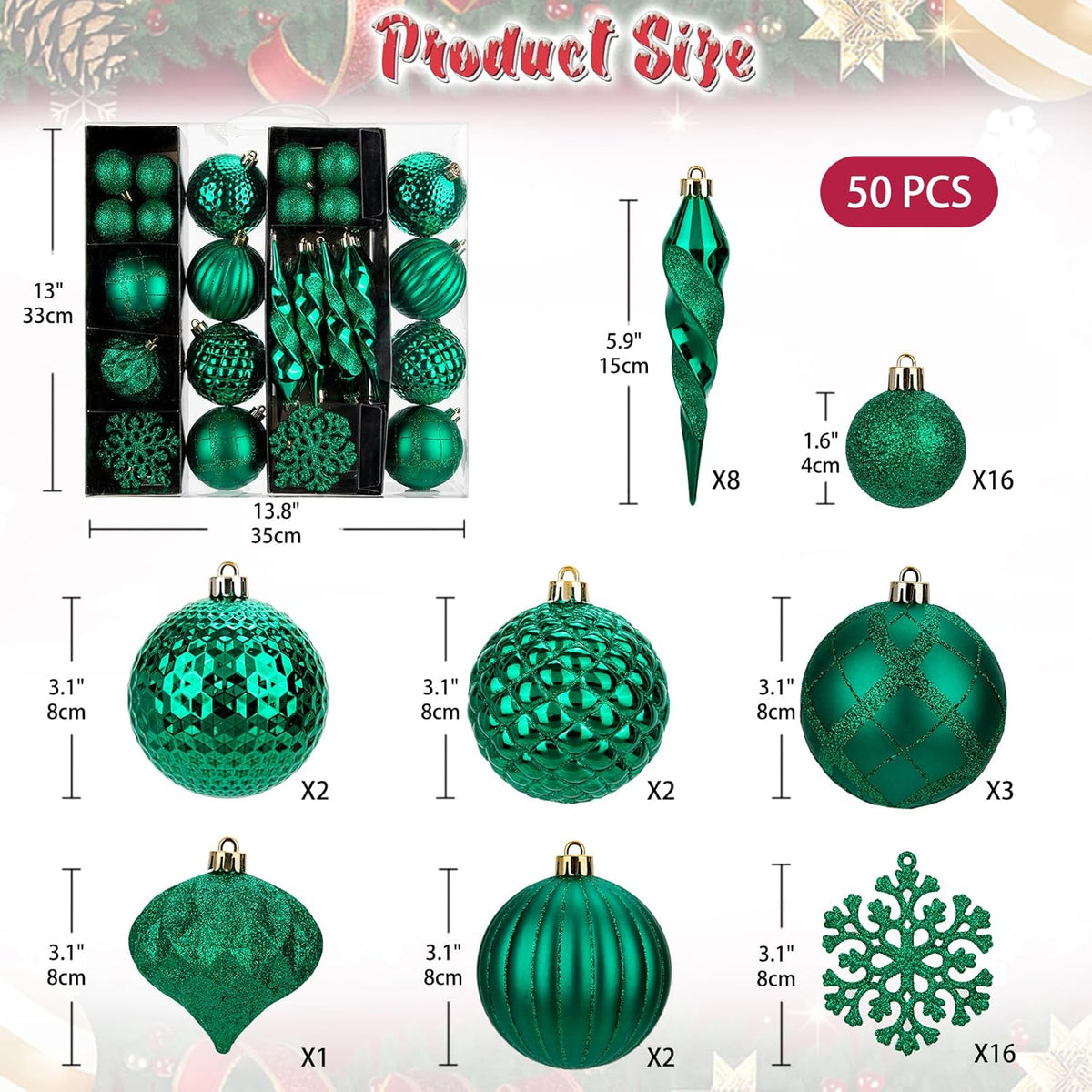 50PCS Christmas Tree Ornaments Set with Shatterproof Balls Icicle Snowflake Hanging Ornaments for Home Office Farmhouse Christmas Decorations, Dark Green