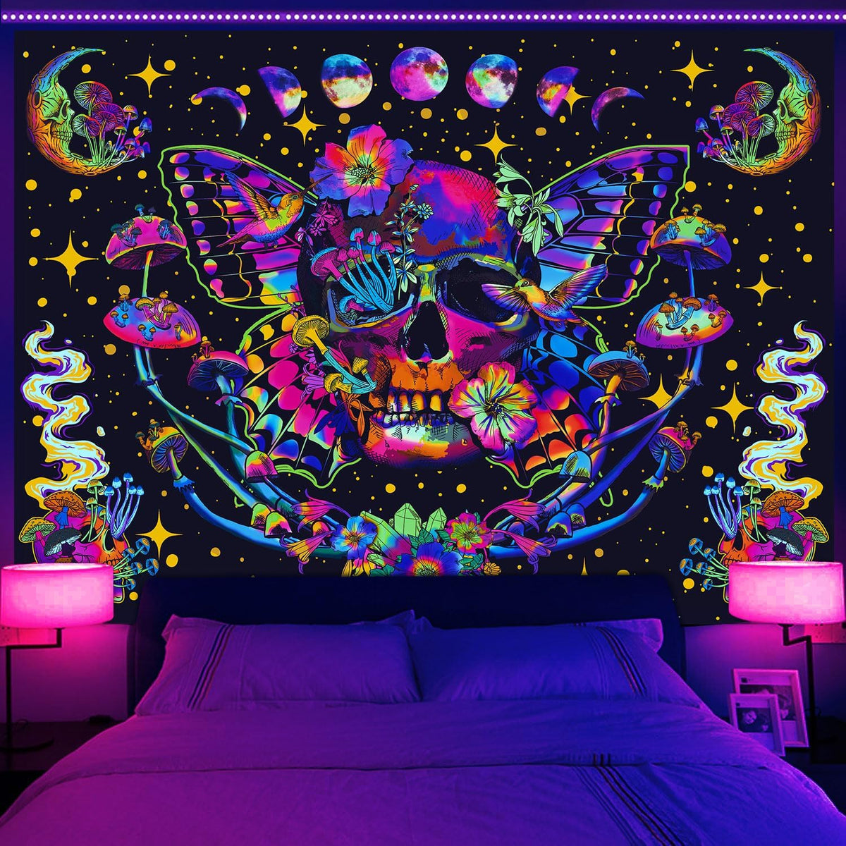 Skull Blacklight Tapestry, UV Reactive Skeleton Tapestry Trippy for Bedroom, Black Light Posters for Adults, Halloween Horror Wall Glow in Dark Tapestry Aesthetic Living Room Dorm Decor 60x51IN