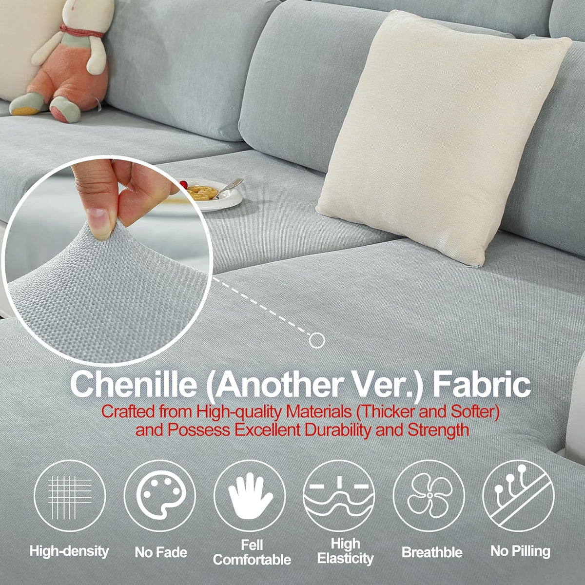 Couch Cushion Covers Individual Large Super Stretch Chenille (Softer Version) Sofa Cushion Covers, Couch Seat Covers Couch Slipcovers Furniture Protector (3 Piece, Light Grey)