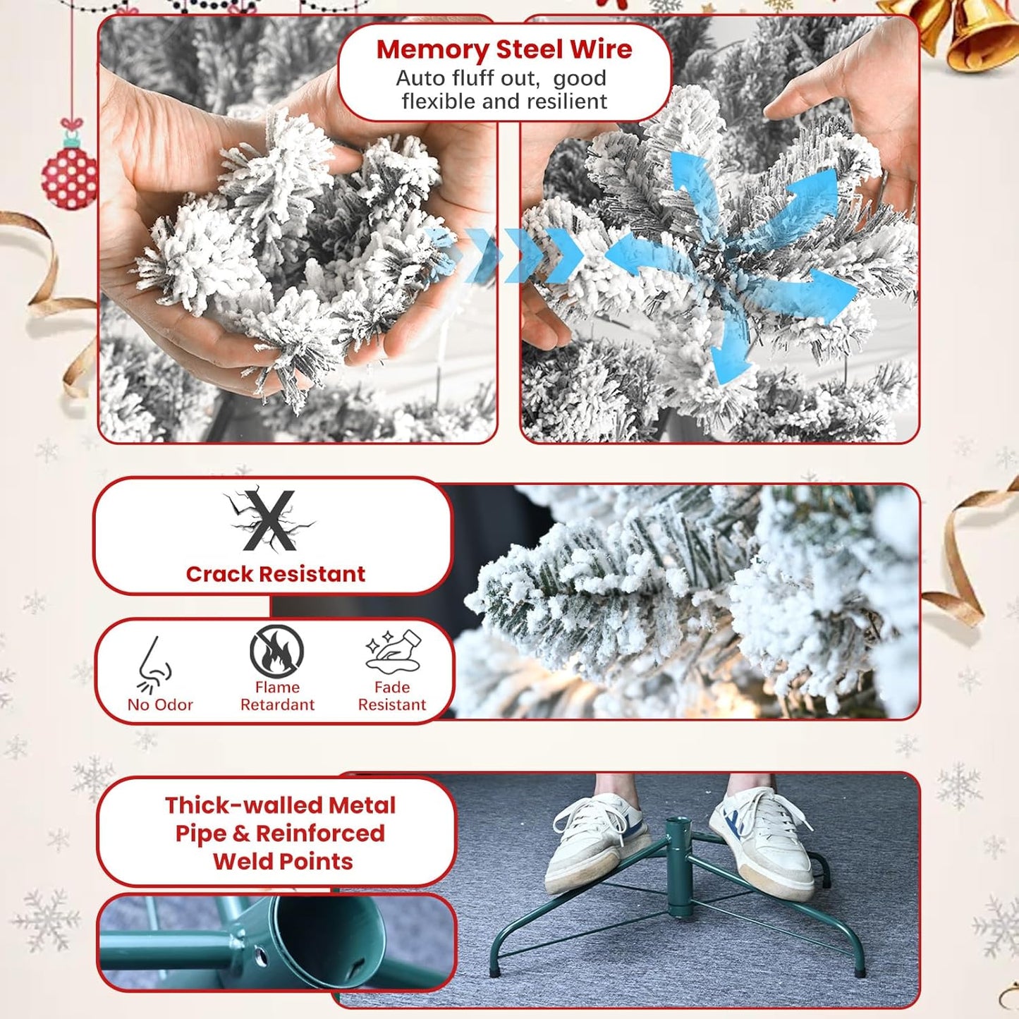 9 ft Prelit Flocked Christmas Tree with Pine Cones & 850 UL Lights, Snow Frosted Artificial Christmas Tree with Auto Hinged Stand for Holiday Decor