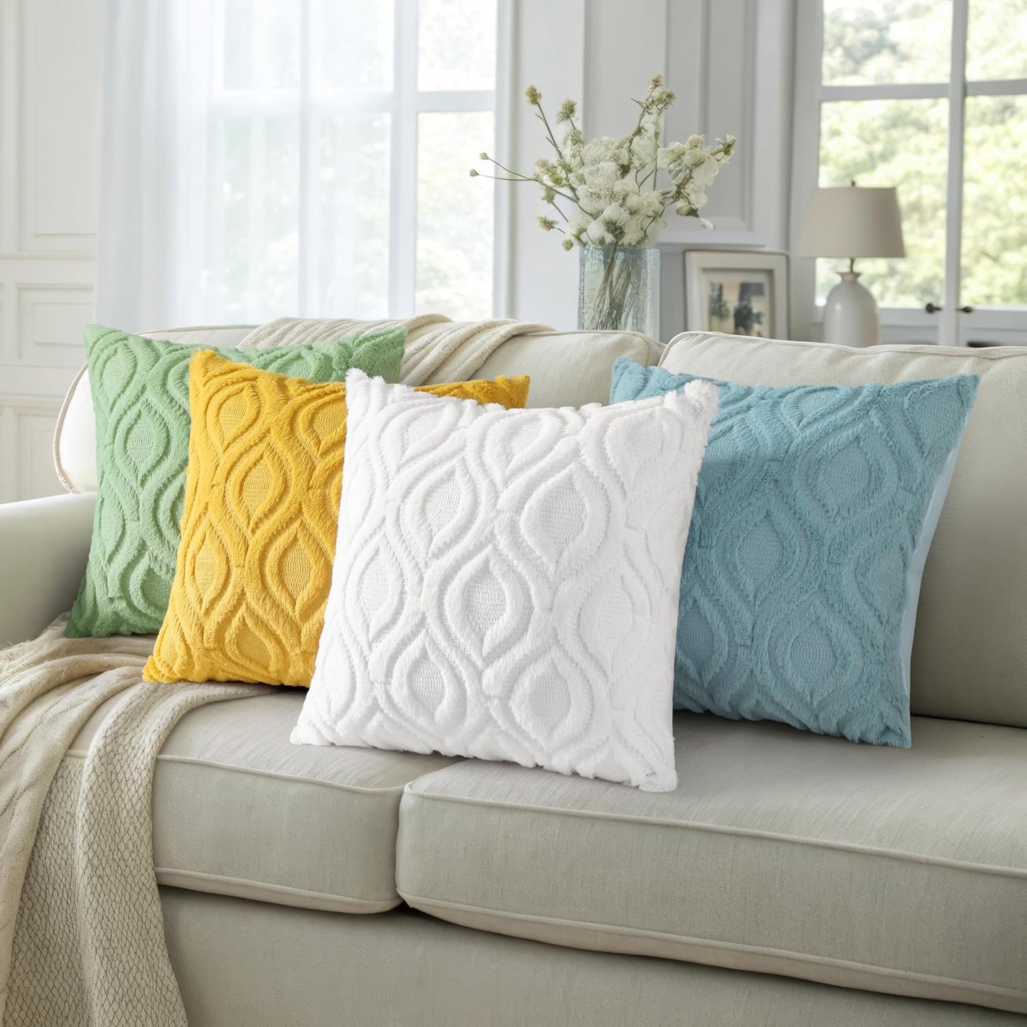 decorUhome Fall Throw Pillow Covers 26x26 Inch Set of 2, Soft Plush Decorative Faux Fur White Solid Couch Pillow Covers, Accent Farmhouse Neutral Square Euro Pillow Cases for Sofa Bed Living Room