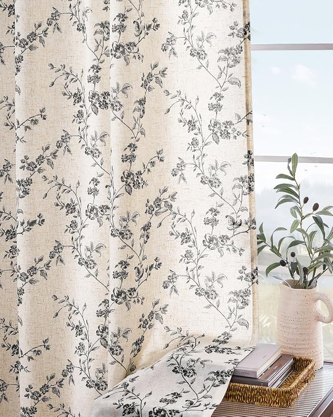 Extra Long Black Vintage Floral Linen Curtains Farmhouse 2 Panels | Elisa Series - Image 9