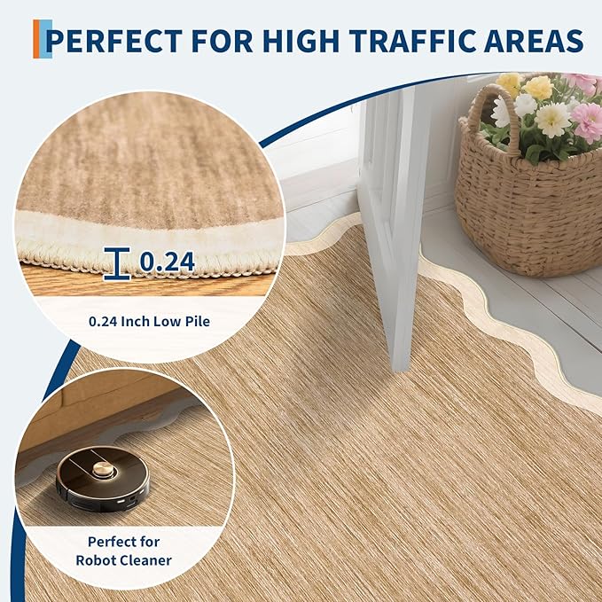 GarveeHome Scalloped Washable Rug 2x3 Kitchen Rugs Non Slip, Light Brown | Rugs - Image 5