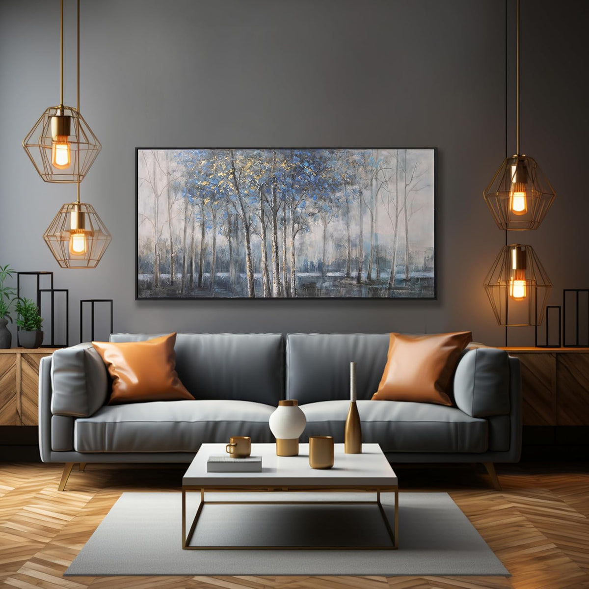 Wall Art Decor Dark Canvas Wall Art Blue Embellishments Plant Grey Misty Forest Abstract Tree Modern Artwork For Living Room Modern Canvas Prints Pictures For Wall Artwork For Bedroom Home Hotel Office Decoration 29x58 Inch
