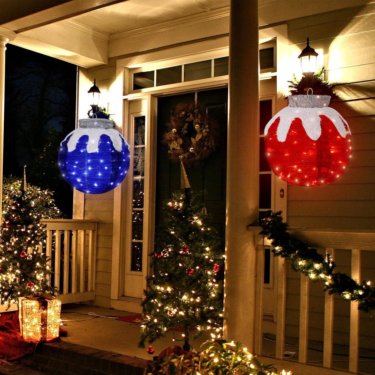 BRIGHTDECK 2 Pcs Outdoor Christmas Ornaments, Lighted Pop-Up Outdoor Holiday Ball Decoration with 80 LED Lights, 8 Light Modes, Lighted Collapsible Holiday Decorations for Yard, Home (RedBlue)