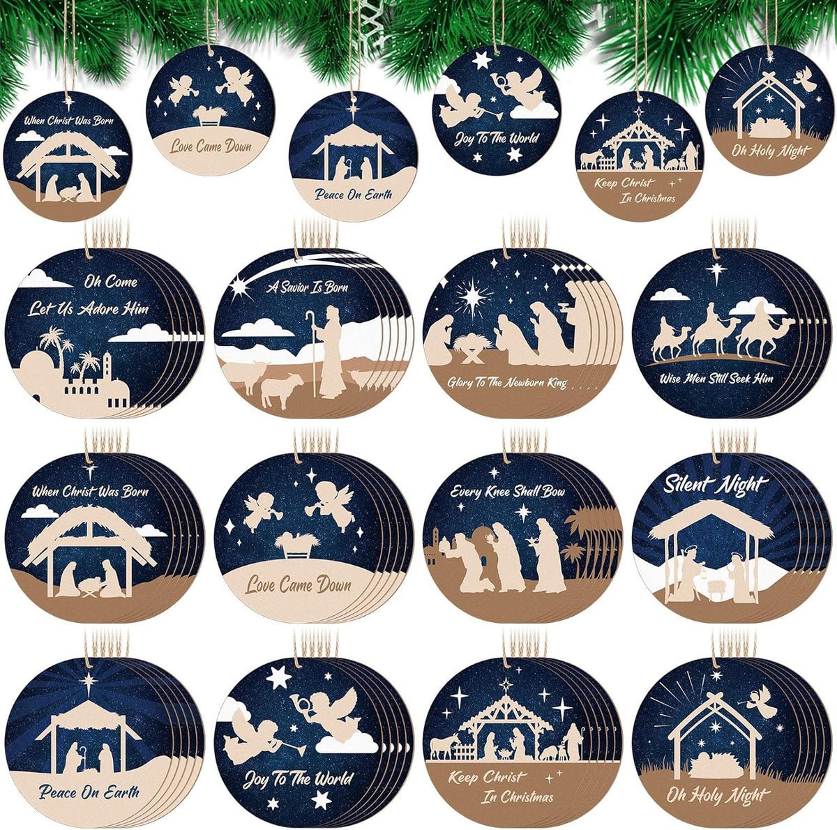 Soaoo 60 Pcs Nativity Scene Christmas Tree Ornament Christian Religious Ornaments Bulk Round Nativity Xmas Tree Hanging Wooden Decorations for Garden Yard Outdoor Home(Classic Style)