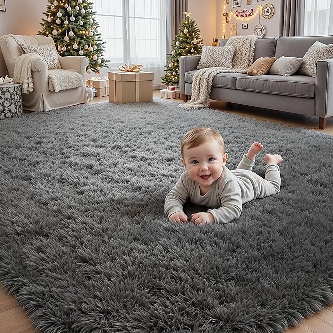 9x12 Fluffy Shag Area Rugs for Living Room Bedroom: Soft Plush Carpet Grey | - Image 9