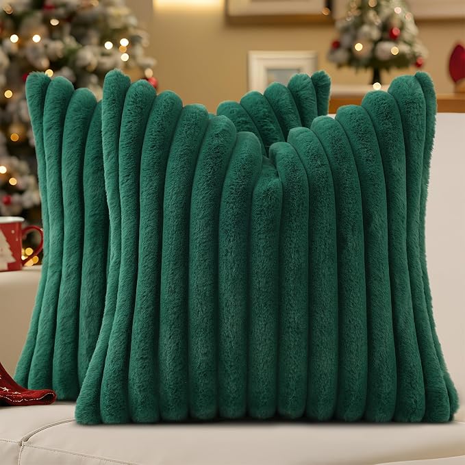 decorUhome Fall Faux Fur Throw Pillow Covers 20x20 Set of 2 Christmas Green | by decorUhome