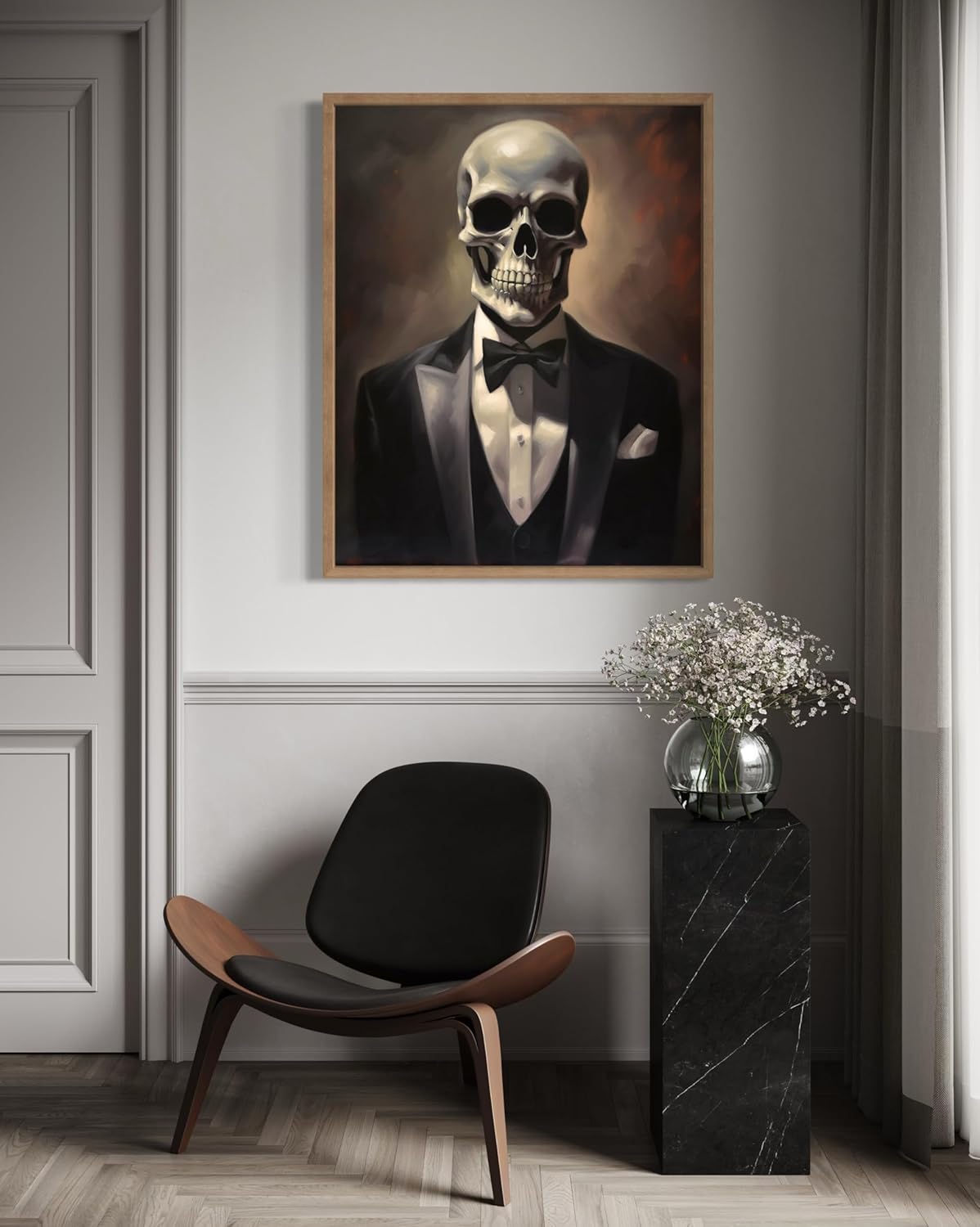Skull Portrait Poster Art Print, Halloween Scary Vintage Wall Art Academia Spooky Painting Decoration for Horror Prints, Gothic Posters Bedroom Decor 89 (Skull Portrait, 16 x 20 inches, Wood Frame)