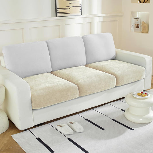 Individual Couch Cushion Covers, Stretch Sectional Couch Covers for L Shaped Sofa, Softer Chenille Sofa Covers for 3 Couch Cushions, Non-Slip Seat Slipcover Protector (3 Piece, Beige)