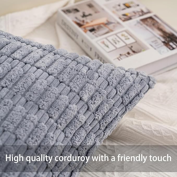 Pack of 2 Corduroy Decorative Throw Pillow Covers 24x24 Inch, Light Grey | Fall - Image 2