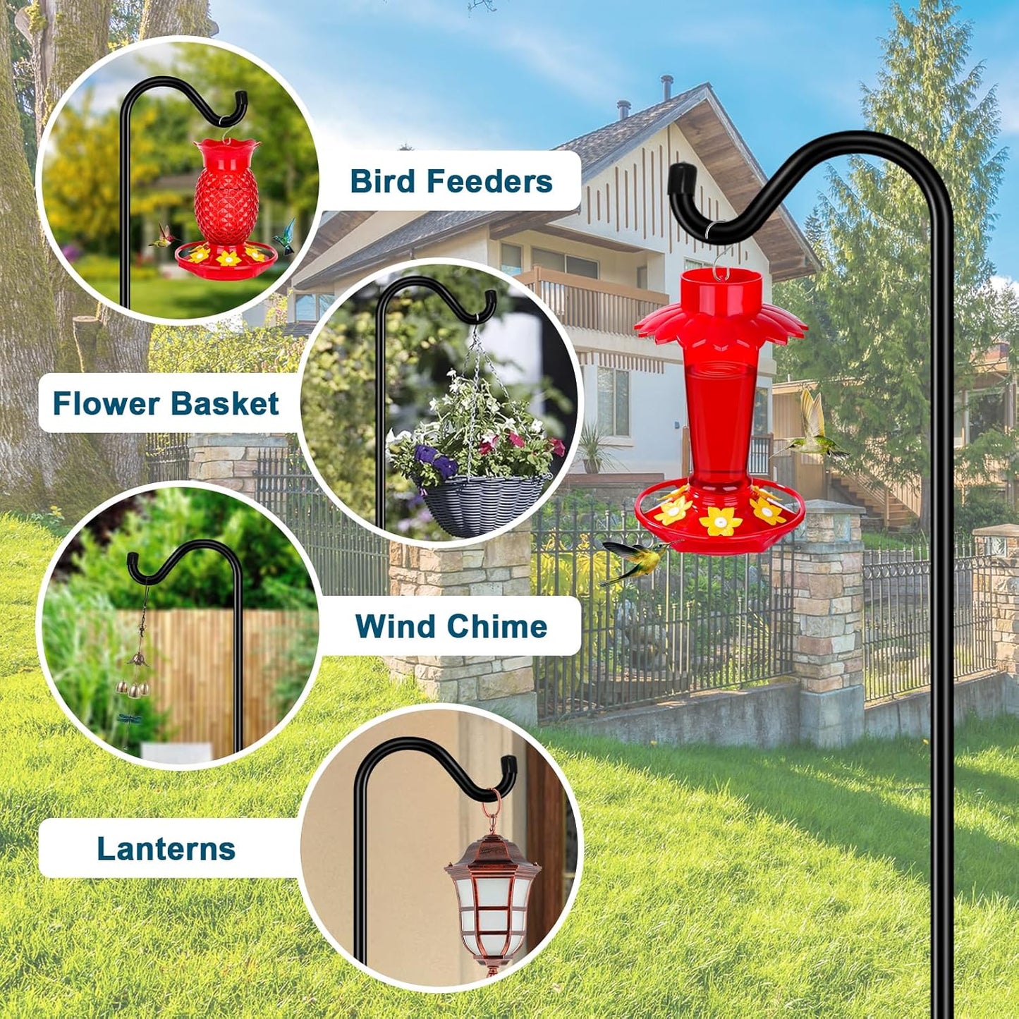 Gtongoko Adjustable Shepherds Hooks for Outdoor 76 Inch Bird Feeder Pole with 7 Prongs Base, 3/4 Inch Thick Heavy Duty for Hanging Bird Feeder, Plant Baskets,1 Pack