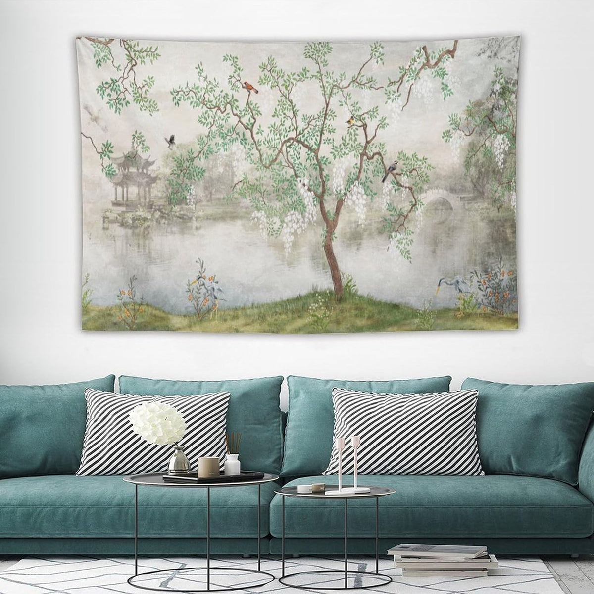 HZOHNAGO Japanese Tapestry Tree Misty Garden Lake Printed Wall Tapestry Ink Painting Wall Hanging for Bedroom Living Room Dorm 60" W x 40" H