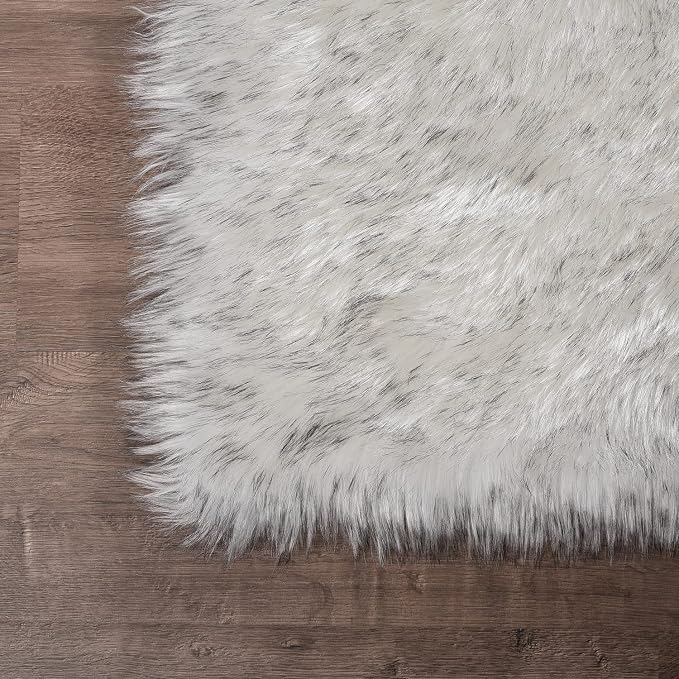 Latepis White with Grey Tips Round Rugs 5ft Washable Faux Sheepskin Fur Rug - Image 5