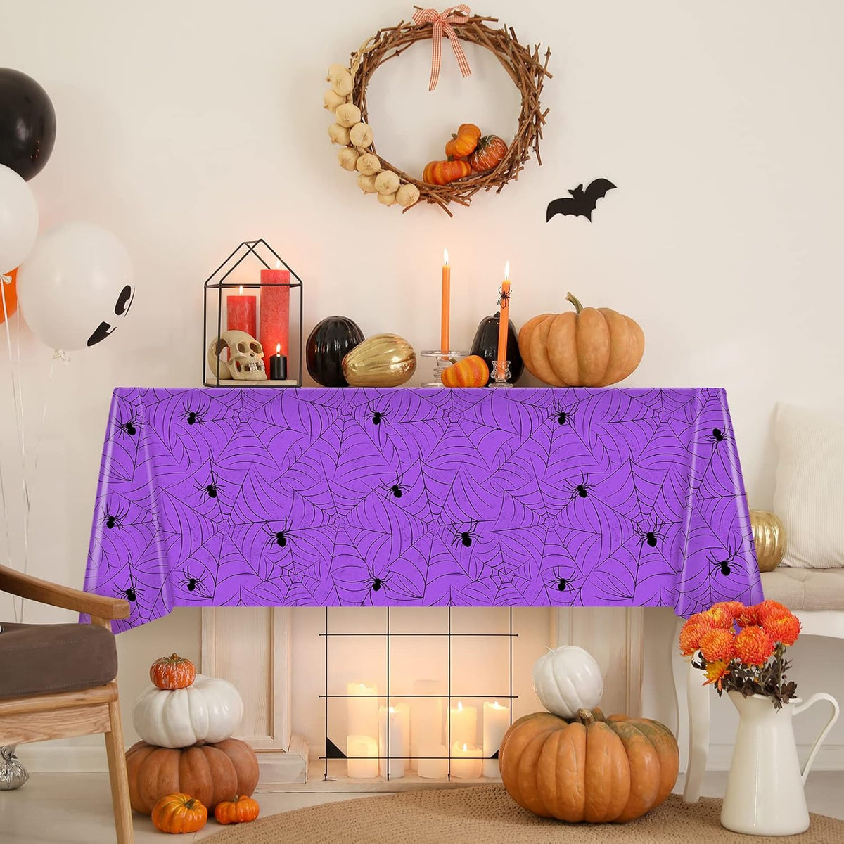 TREWAVE 3 Pack Halloween Spiderweb Tablecloth Rectangular Plastic Spider Web Table Cloth Large Size Table Covers for Home Decor Halloween Party Decorations 54" x 108" (Purple)