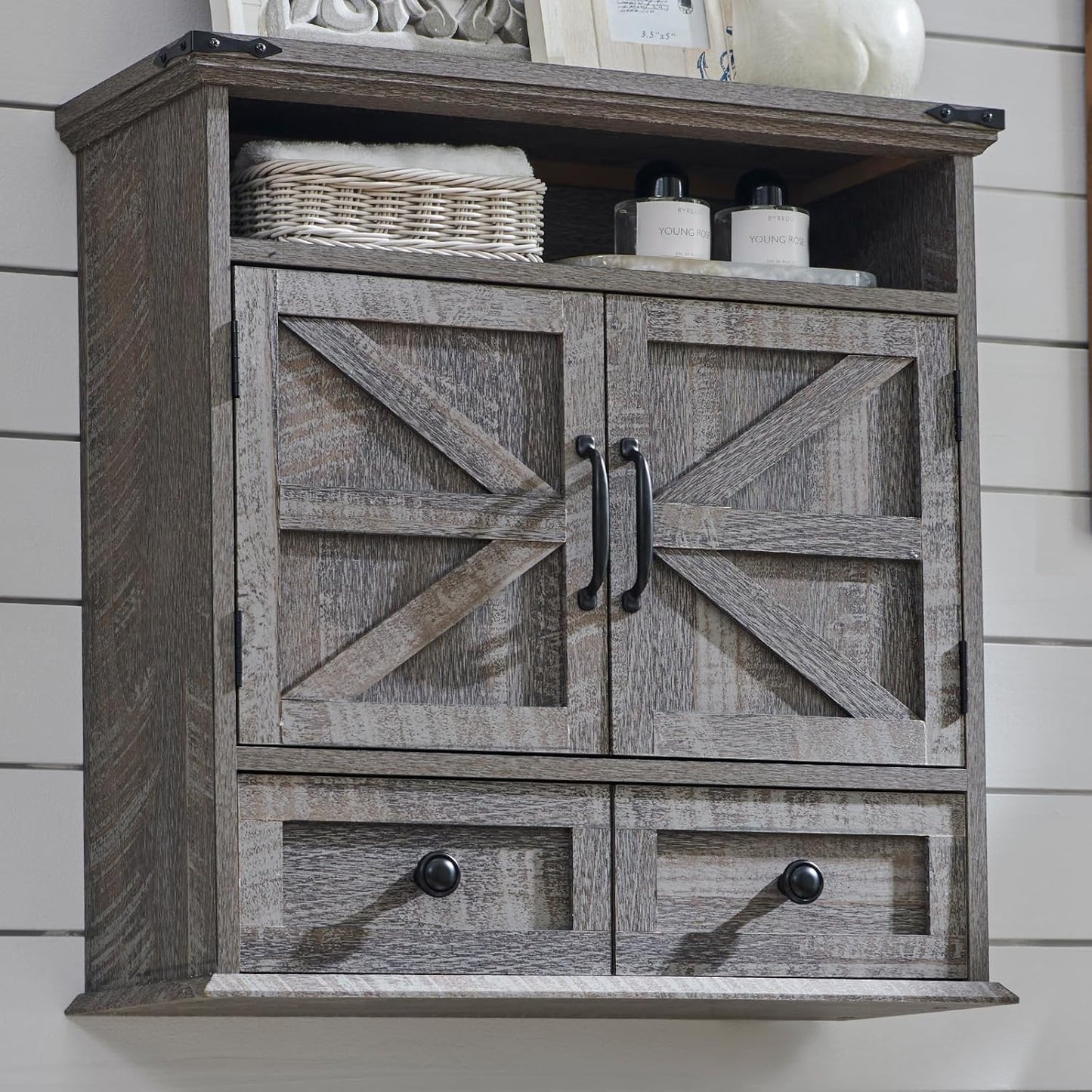 Bathroom Wall Cabinet, Farmhouse Medicine Cabinet, 24" Wide Cabinet with Drawer, Adjustable Shelf, Double Barn Doors, Storage Cabinet for Bathroom, Kitchen, Living Room, Grey Wash