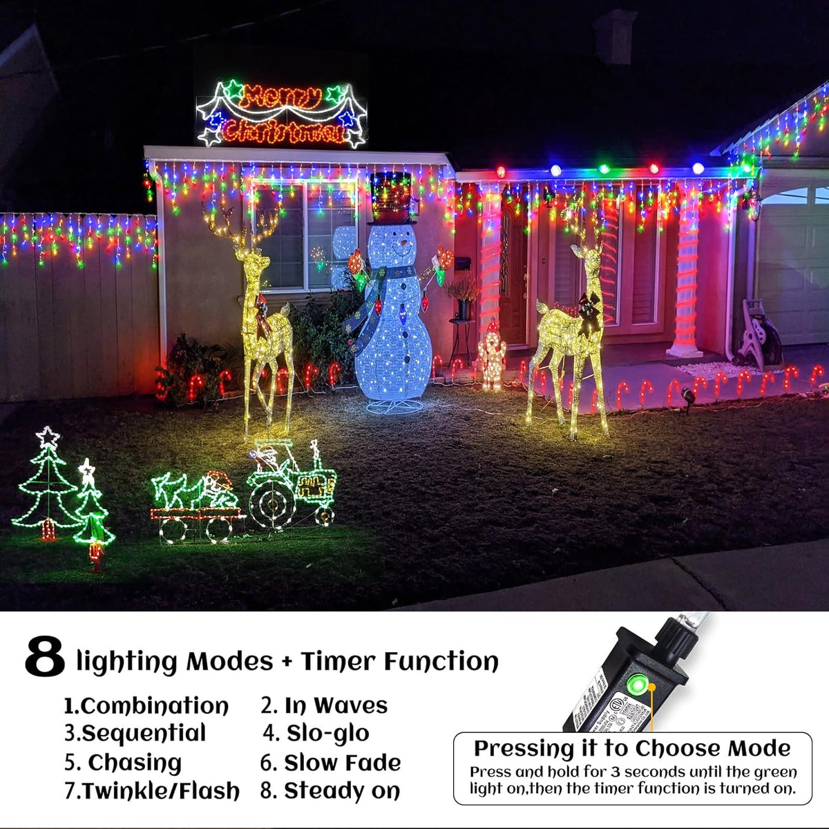 Icicle lights Outdoor - 33ft Christmas Lights with 400LED 75 Drops 8 Modes, Plug in Curtain String Lights Waterproof for Holiday Wedding Party Home Garden Bedroom Indoor Outdoor Decoration, Multicolor