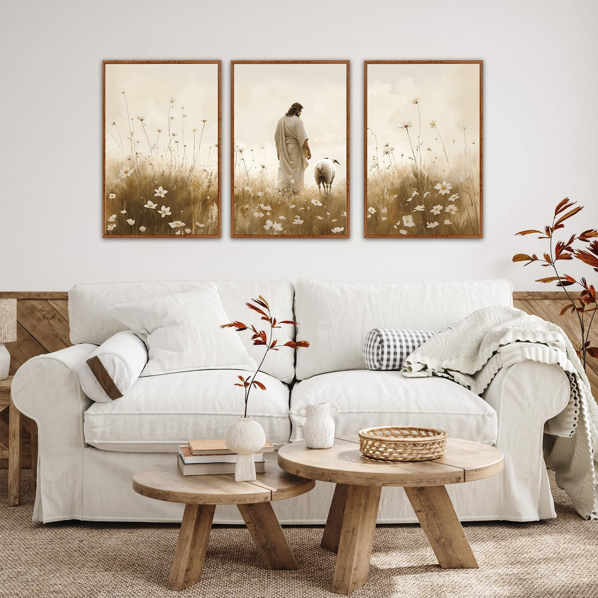 KAIRNE Jesus Framed Canvas Wall Art,Lost Sheep Wall Decor Set of 3(16”X24”),Holy Christian Art Print,Religious Scripture Pictures,Bible Renaissance Wall Painting for Living Room,Bedroom,Church Decor