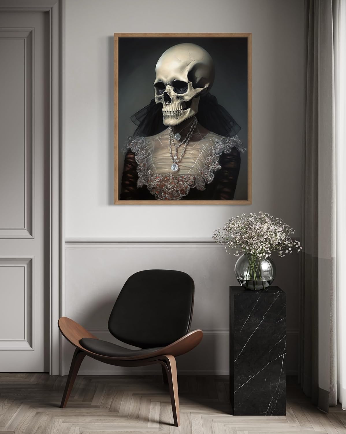 Female Skull Poster Art Print, Halloween Scary Vintage Wall Art Academia Spooky Painting Decoration for Horror Prints, Gothic Posters Bedroom Decor 89 (Female Skull, 8 x 10 inches, Wood Frame)