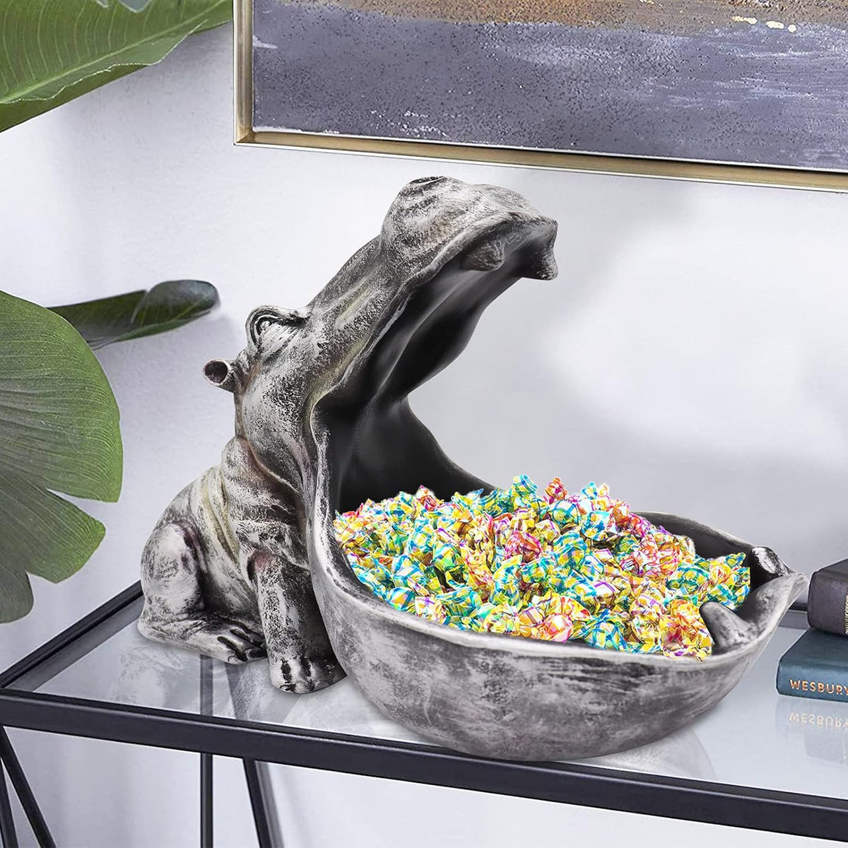 aboxoo Hippo Statue Home Resin Hippopotamus Figurine Fun Candy Dish,Key Bowl,Big Mouth Sculpture Table Art Decoration Sundries Container Storage Boxes (Grey)