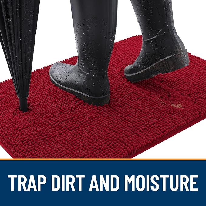 OLANLY Dog Door Mat for Muddy Paws 32x20, Super Absorbent Chenille Mud Mat | Red - Image 2