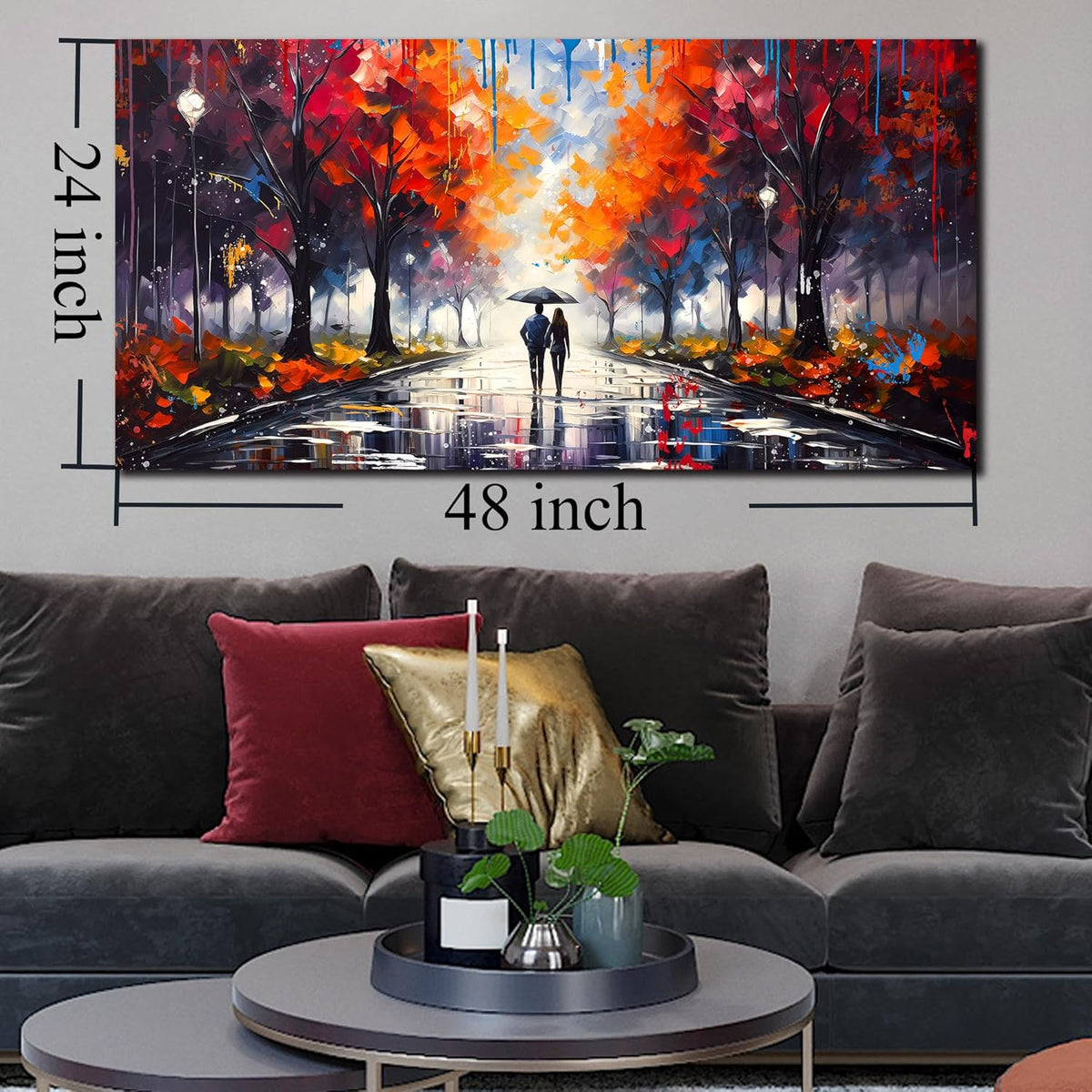 Large Canvas Wall Art for Living Room Bedroom Couple Walking in the Rain Picture Graffiti Red Tree Canvas Prints Framed Home Decor Size 24x48