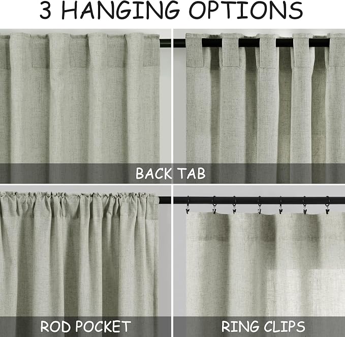 Sage Green Linen Curtains 63 Inches Length 2 Panels Set - Image 3