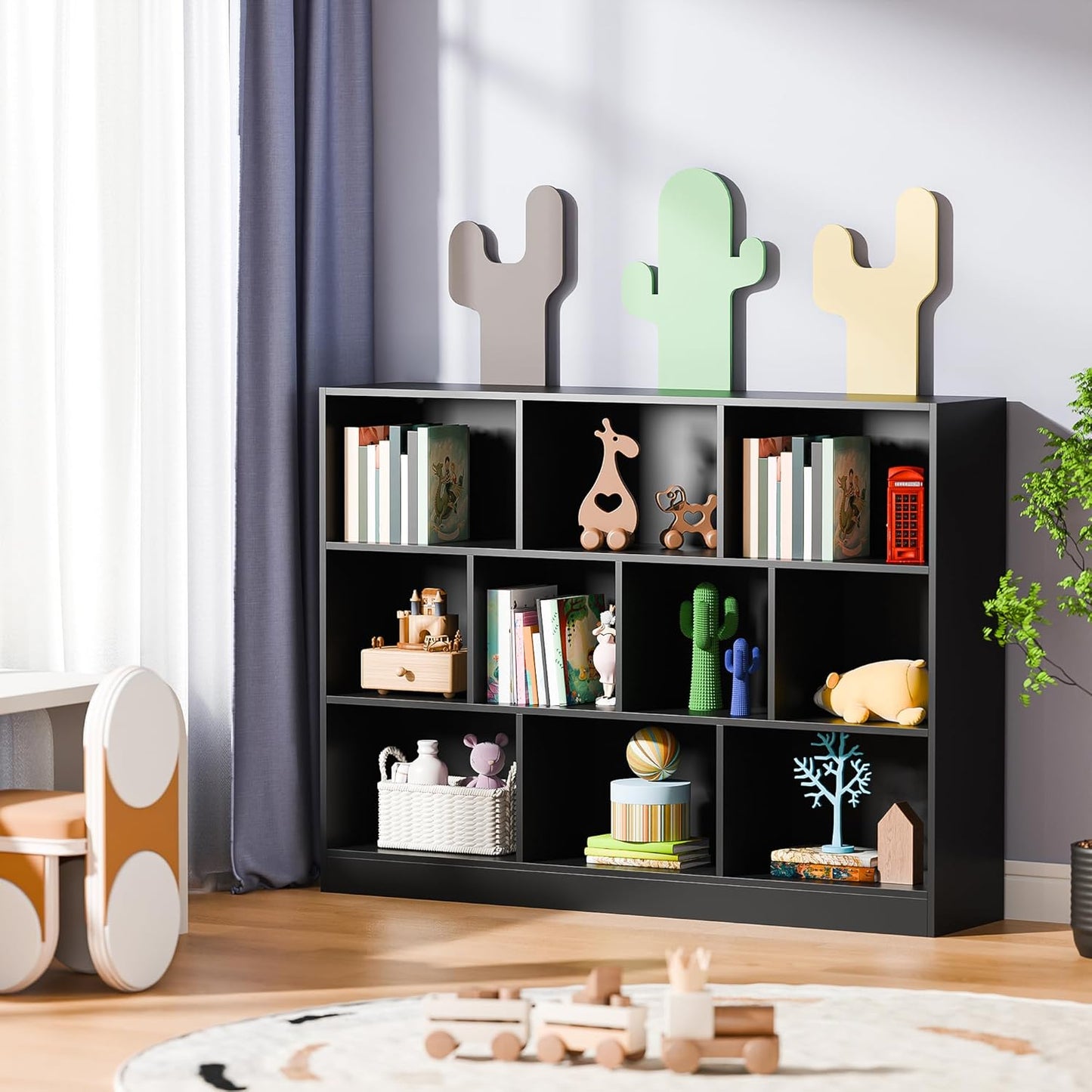 Cozy Castle Black Bookshelf, 3-Tier Open Shelf Bookcase, 10 Cube Storage Organizer with Anti-Tilt Device for Bedroom, Living Room, 55.11" W x 11.61“D x 40.94“H