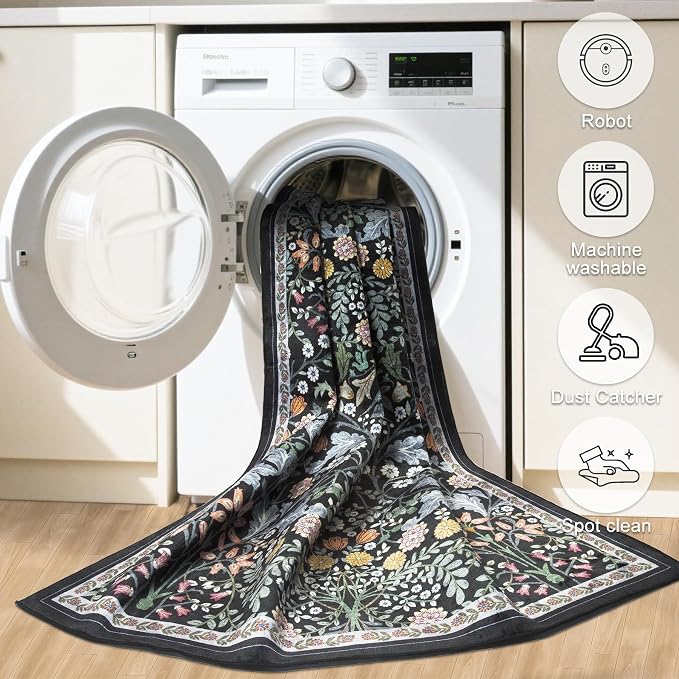 PLHXFR Area Rug 9x12 Living Room: Floral Washable Boho Carpet Dark Black | - Image 5
