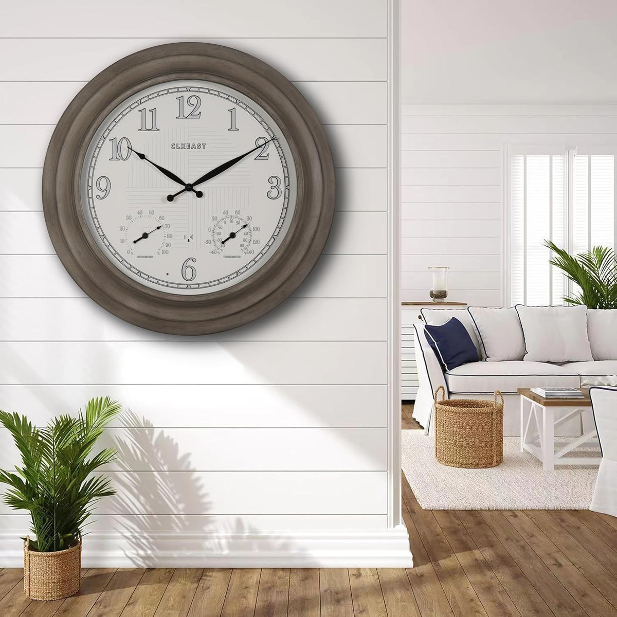 CLXEAST 24 Inch Self-Illuminated in/Outdoor Atomic Wall Clock with Temperature and Humidity, Oversized Large 24 Inch Wall Clocks for Living Room Decor, Brushed Grey Oak Wooden Finish