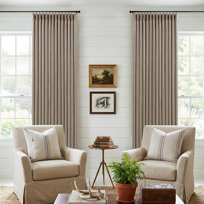 Deep Flax Greige Pleated Blackout Curtains 96 Inches Long 2 Panels | Room - Image 7