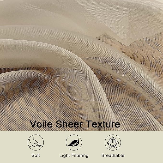 Taupe Sheer Curtains for Bedroom Living Room 96 Inches Long 2 Panels, Modern - Image 3