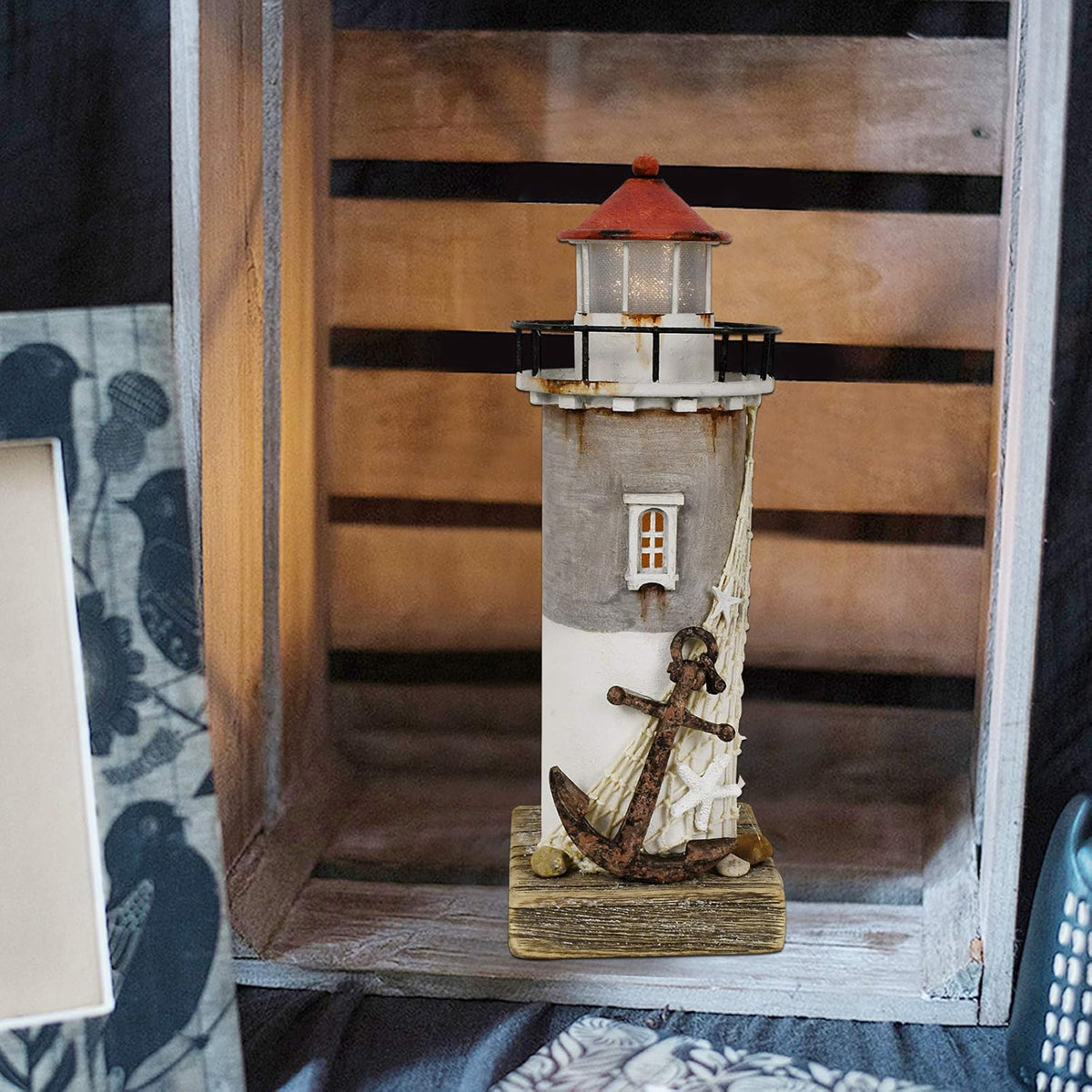 Linfevisi Wood Lighthouse Decor Rustic LED Light House Decor Wooden Decorative Nautical Lighthouse Statue Coastal Beach Themed Lighthouse Handcrafted Tabletop Decoration Home Bathroom (11.4")