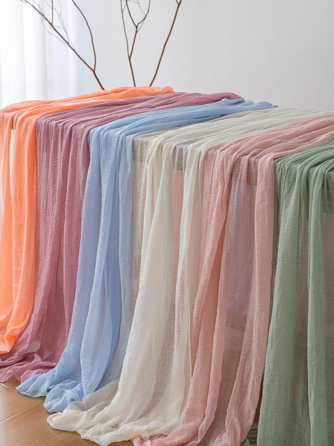 3pcs Light Blue Gauze Rustic Cheesecloth Table Runner 120 Inch 10 FT for Wedding Baby Shower Bridal Shower Birthday Engagement Garden Outdoor Party Long Sheer Boho Decorations