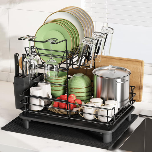 2 Tier Black Large Stainless Steel Dish Drainers Drying Rack for Kitchen Counter with Drainboard, Rust Proof Metal, Space Saving, Modern Aesthetic, Compact Plates Strainers with Extra Mat