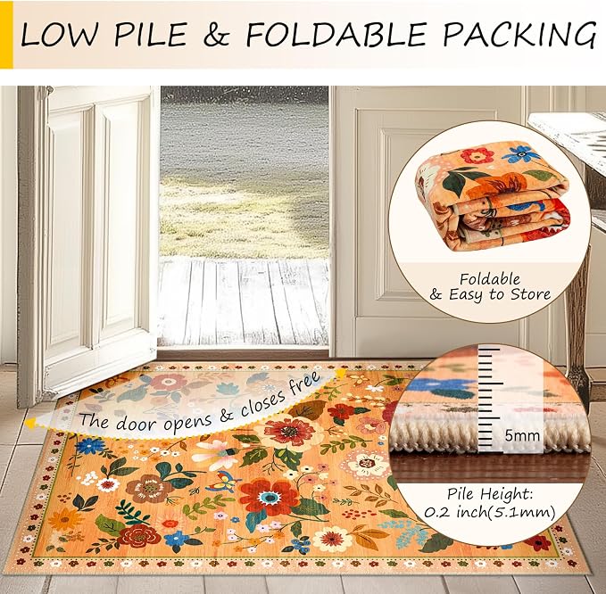RELEANY Floral Washable 8x10 Area Rugs Yellow/Orange/Red | Flower Carpet Print - Image 5