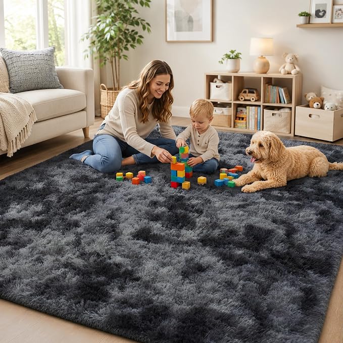 PLHXFR 5x7 Area Rugs Living Room: Fluffy Bedroom Soft Shag Rug Black Grey | - Image 8