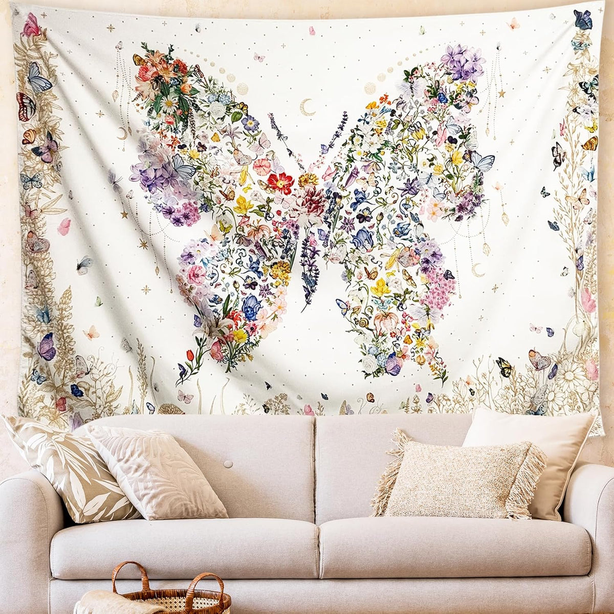 Damanse Butterfly Tapestry Wall Hanging Cute,Boho Wall Tapestry for Bedroom Aesthetic,Flower Living Room Decor for Teen Girls (White, 49.20" x 59.10")