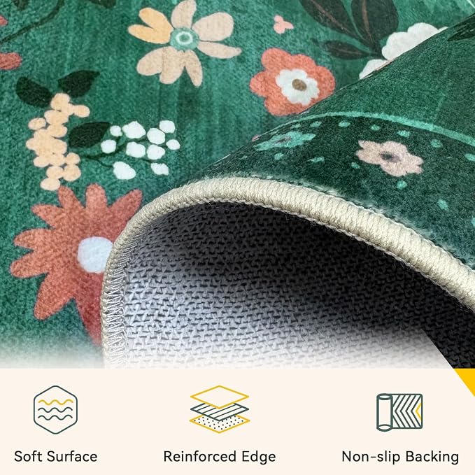 RELEANY Floral Washable 8x10 Area Rugs DarkGreen | Flower Carpet Print Boho - Image 5