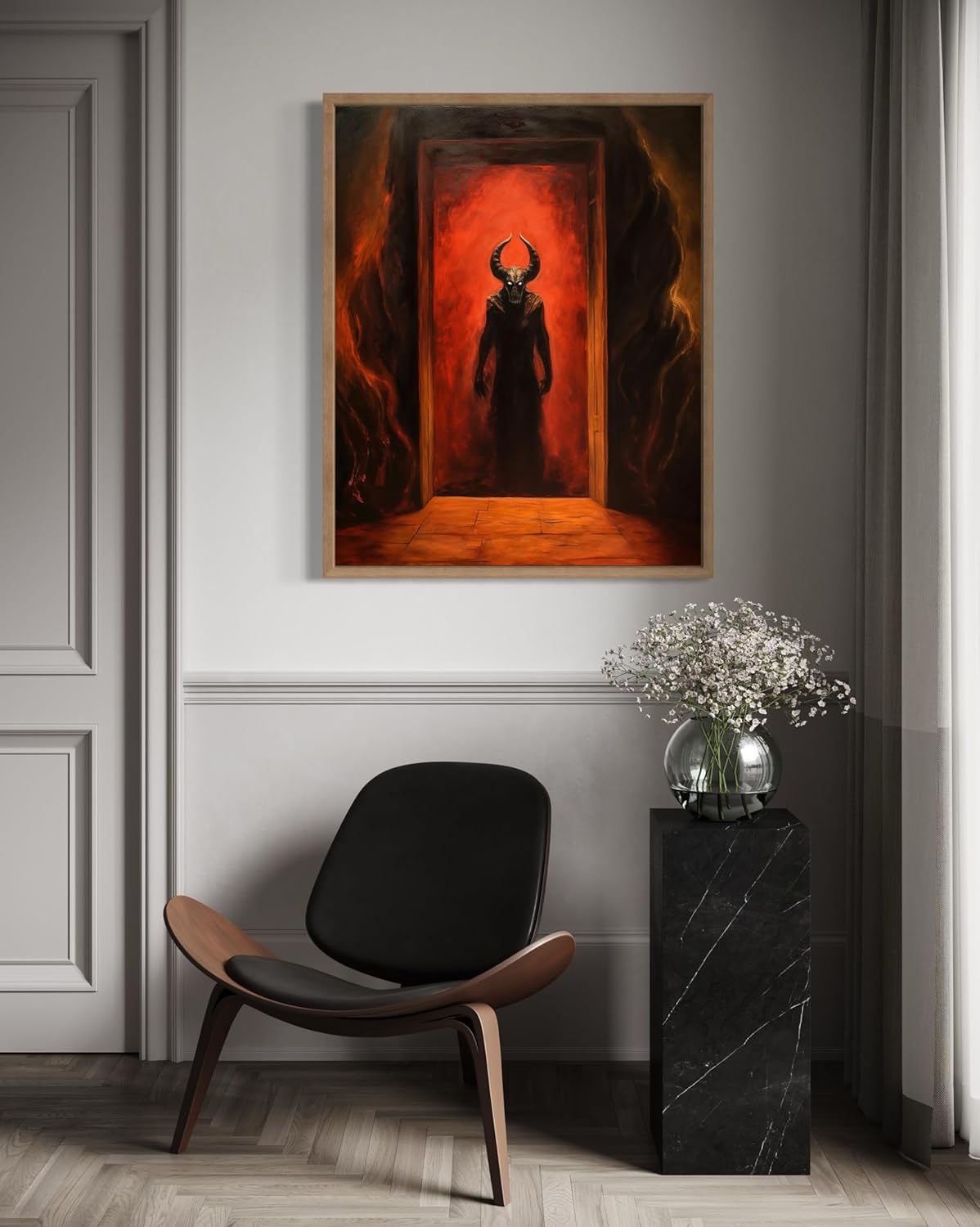 Satan and Hell Poster Art Print, Halloween Scary Vintage Wall Art Academia Spooky Painting Decoration for Horror Prints, Gothic Posters Bedroom Decor 89 (Satan and Hell, 11 x 14 inches, Wood Frame)