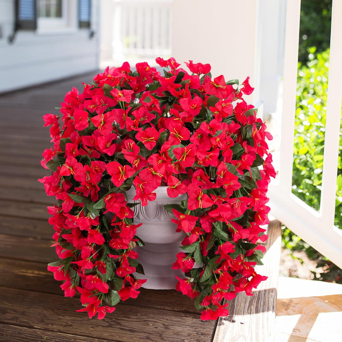 Faux Bougainvillea Artificial Flowers Plants for Outdoor Outside Decoration, 2 PCS Red Fake Flowers UV Resistant Look Real Silk Long Trailing Vines for Front Door Porch Planter Urn Patio Garden Yard