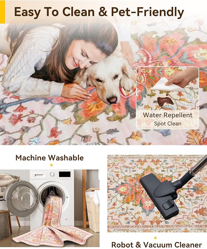 RELEANY Washable Area Rug, Water Repellent, Pet Friendly, Vintage Floral Boho - Image 5