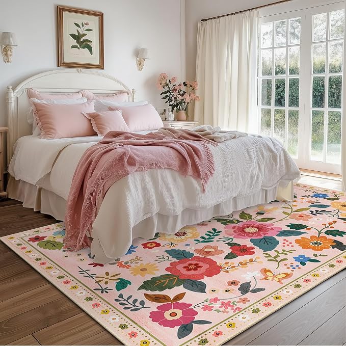 RELEANY Floral Washable 5x8 Area Rugs Pink | Flower Carpet Print Boho Cute Non - Image 9