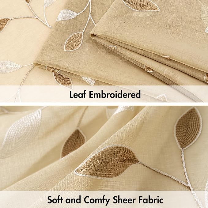 MIULEE Beige Sheer Curtains 2 Panels Embroidered Leaf Patterned, W52 x L96 | - Image 4