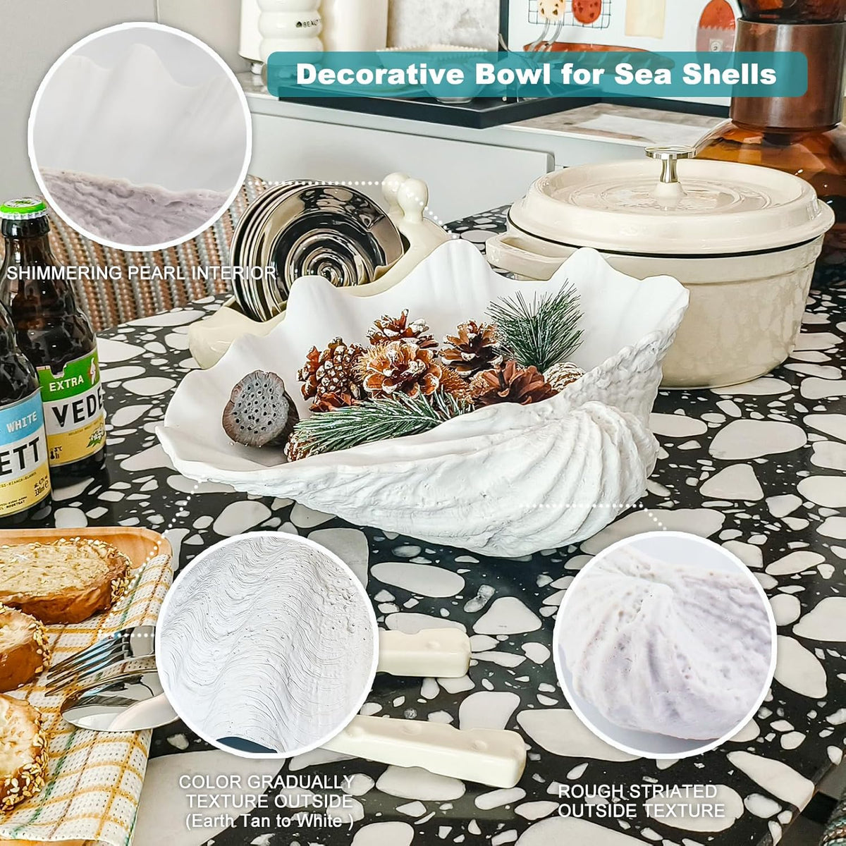 Accessoryway Extra Large Clam Shells Decorative Bowl-White Sea Shells Decorative Storage Bowls for Coastal Beach theme house table centerpiece decorations & Nautical decor for coffee table-12.4"-1PC